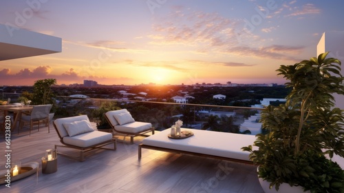 Depict the rooftop of a modern villa as the perfect vantage point for witnessing breathtaking sunsets that paint the sky in vibrant hues © Damian Sobczyk