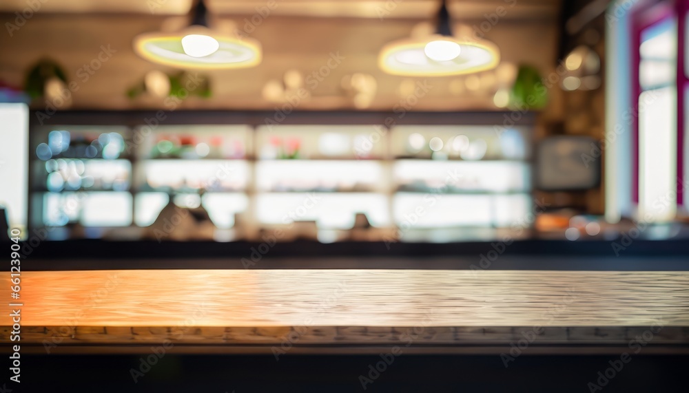 Image of wooden table in front of abstract blurred background of resturant lights