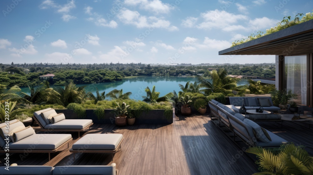 Envision the villa's rooftop view of a tranquil lake, its waters reflecting the sky, surrounded by lush greenery and the peaceful ambiance Envision the villa's rooftop view of a tranquil lake, its waters reflecting the sky, surrounded by lush greenery and the peaceful ambiance