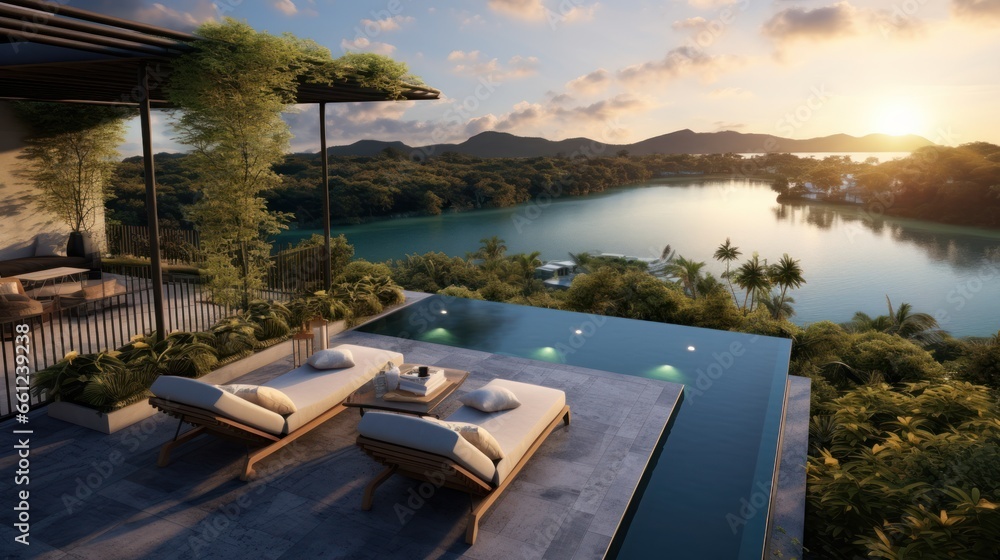 Fototapeta premium Envision the villa's rooftop view of a tranquil lake, its waters reflecting the sky, surrounded by lush greenery and the peaceful ambiance