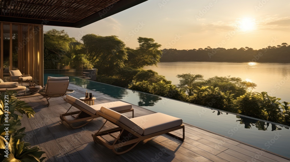 Fototapeta premium Envision the villa's rooftop view of a tranquil lake, its waters reflecting the sky, surrounded by lush greenery and the peaceful ambiance