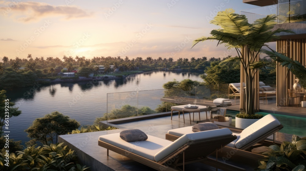 Fototapeta premium Envision the villa's rooftop view of a tranquil lake, its waters reflecting the sky, surrounded by lush greenery and the peaceful ambiance