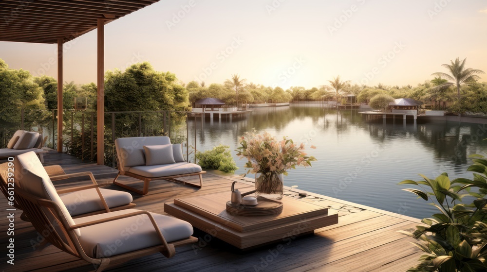 Envision the villa's rooftop view of a tranquil lake, its waters reflecting the sky, surrounded by lush greenery and the peaceful ambiance
