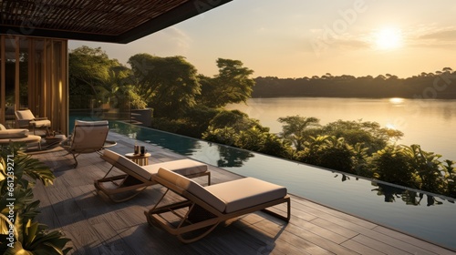 Envision the villa's rooftop view of a tranquil lake, its waters reflecting the sky, surrounded by lush greenery and the peaceful ambiance © Damian Sobczyk