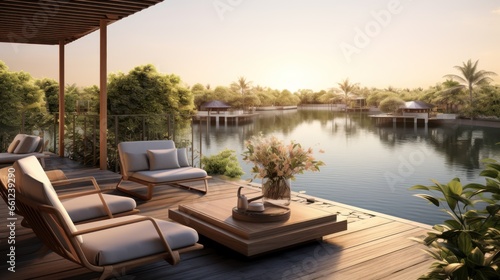 Envision the villa s rooftop view of a tranquil lake  its waters reflecting the sky  surrounded by lush greenery and the peaceful ambiance