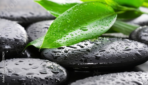 Beautiful spa background of green leaf on zen basalt stones with water drops