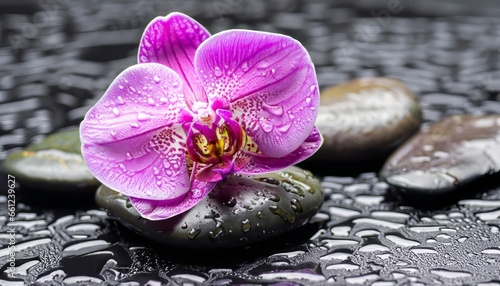 Black spa stones of lilac orchid with water drops