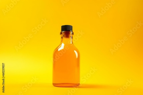 Tall bottle with cannabis extracts on yellow background. Generative AI