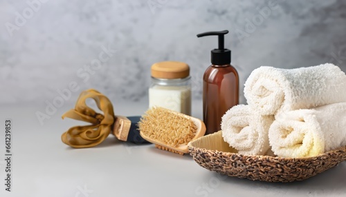 Bath and Skin Care Accessories on gray background. Natural organic bodycare concept, bath products