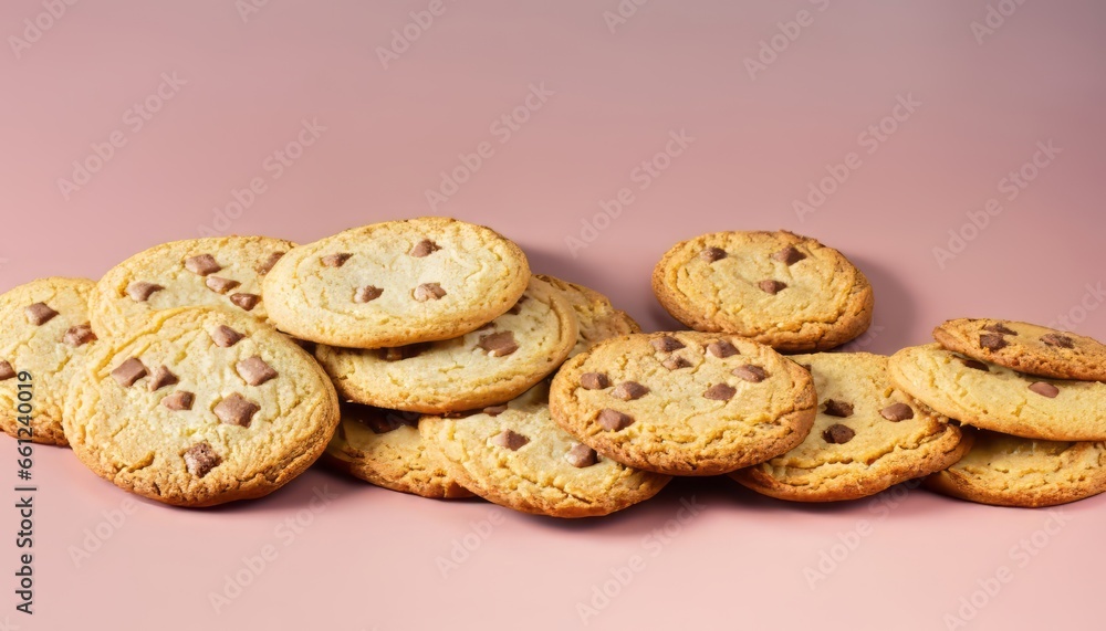 Chocolate chip cookies on pink pastel background, top view, copy space