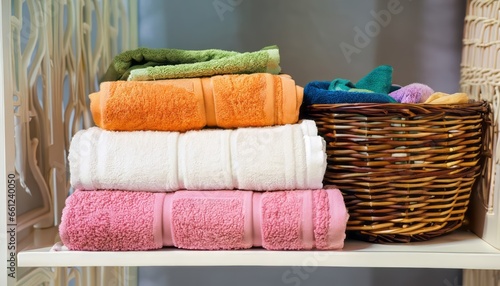 Colorful towels with a wicker basket on the shelf of rack background