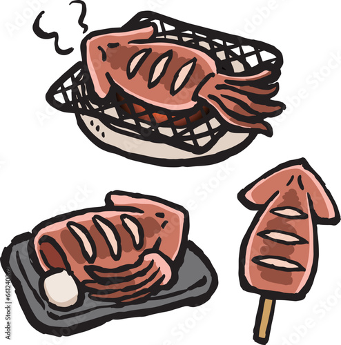イカの姿焼き　串・お皿・網焼きのイラスト