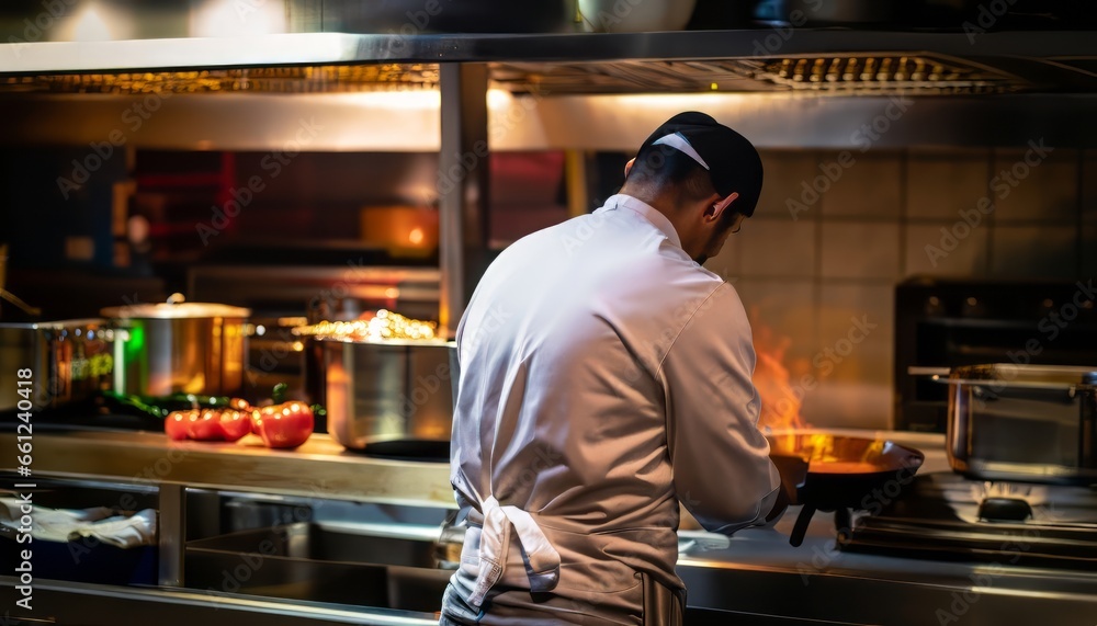 The chef is visible from his back and cooking in a restaurant kitchen, glowing dark atmosphere