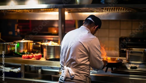 The chef is visible from his back and cooking in a restaurant kitchen, glowing dark atmosphere