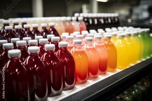 assortment of flavored beverages on beverage manufacturing line. Generative AI
