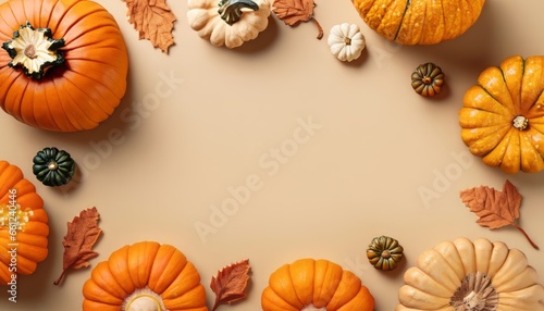 Top view of Halloween pumpkins frame on beige background