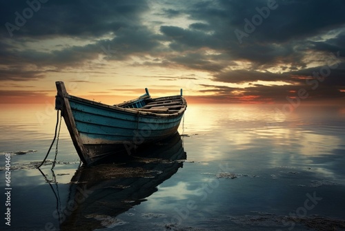 Morning sea boat with a feel of loneliness  desolation  and solitude. Generative AI