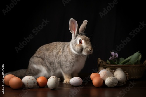 studio scene featuring a rabbit on Easter eggs. Generative AI © Anika