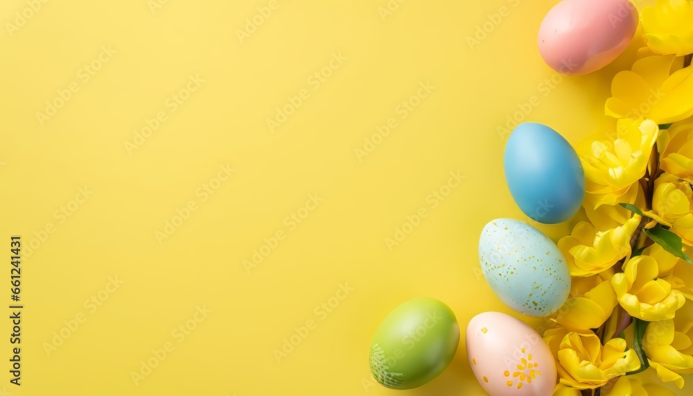 Easter celebration concept. Top view of colorful easter eggs and mimosa flowers on an isolated yellow background with copy space