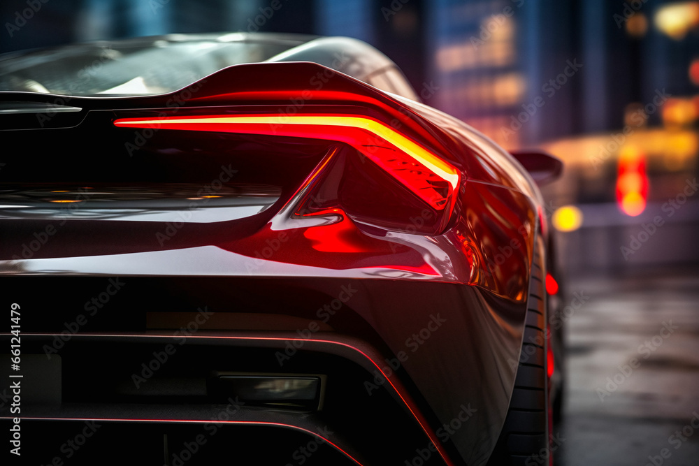 Back bumper and back lights of a sport car. Taillight of a car in the night, the back led light of a car on the road. - obrazy, fototapety, plakaty 