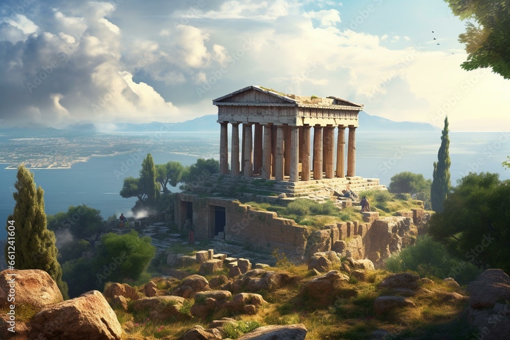 Scenic view of ancient Greek temple ruins. Generative AI