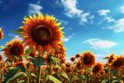 Gorgeous sunflowers bloom in a field under a clear sky. Generative AI