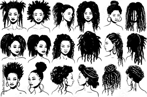 set of silhouettes representing afro braids and hairstyles diversity, cultural richness, natural hair, diversity content, Editable Stroke graphics