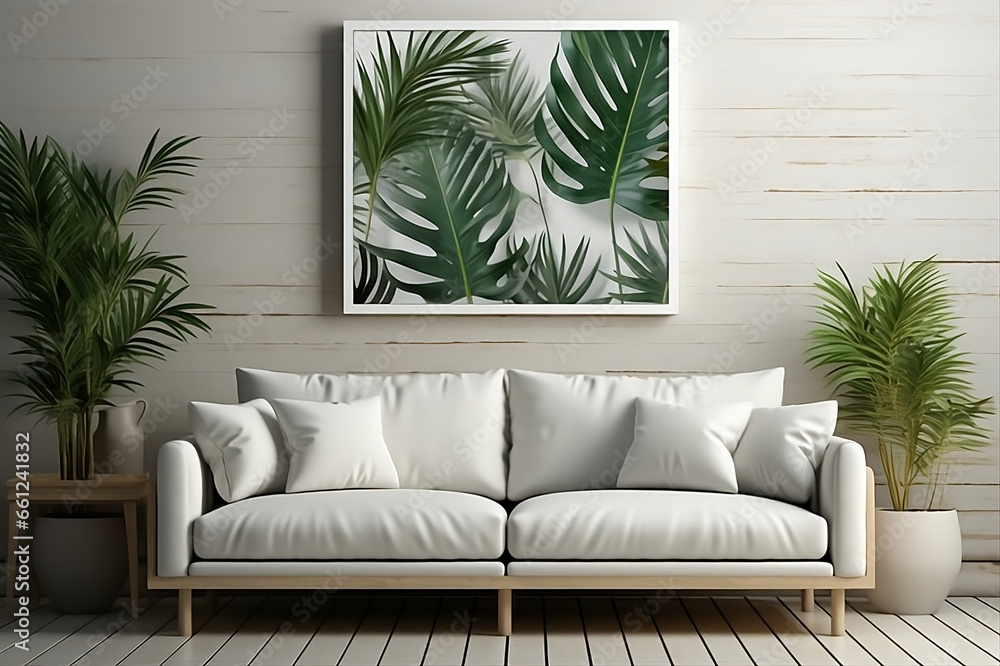 Within a modern minimalist room's interior, an elegant frame mockup is tastefully mounted on the wall, generative AI Within a modern minimalist room's interior, an elegant frame mockup is tastefully mounted on the wall, generative AI