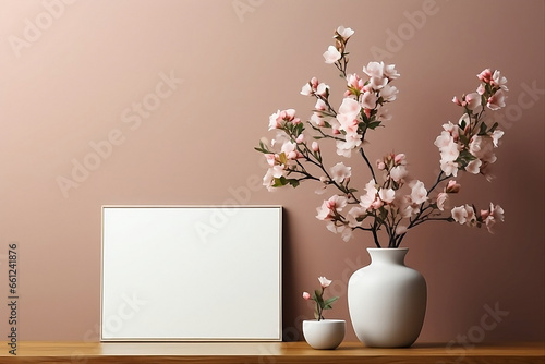 Within a modern minimalist room's interior, an elegant frame mockup is tastefully mounted on the wall, generative AI