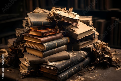 Old Books Damaged by Humidity in a Neglected Library. generative AI