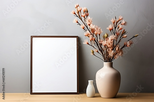 In the interior of a contemporary minimalist room, frame mockup placed elegantly on the wall, generrative AI