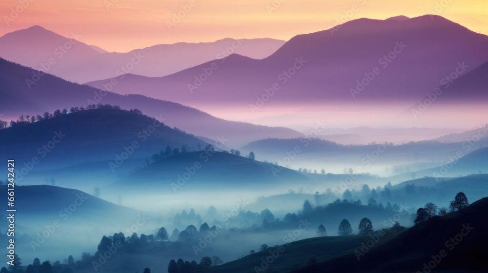 Mountains at sunset with fog