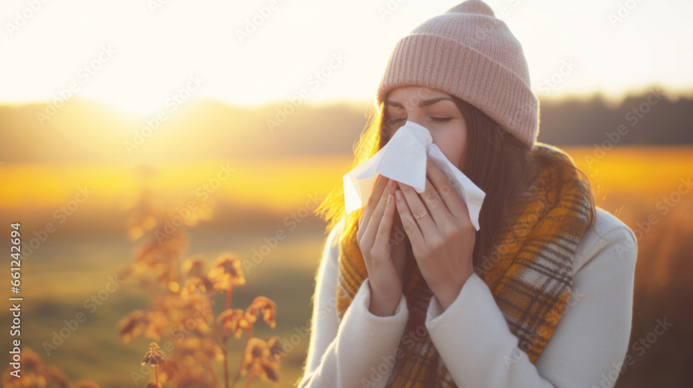 A girl sneezes and blows her nose into a handkerchief against the background of a blurred flower field. A girl sneezes and blows her nose into a handkerchief against the background of a blurred flower field.