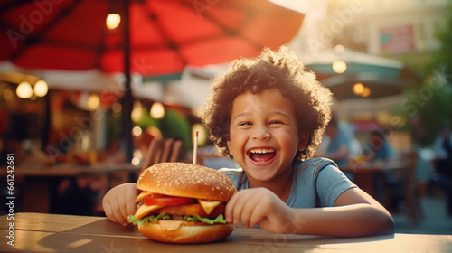 Happy kid in a street cafe with burger photo