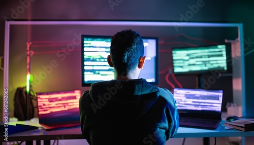 Hacker guy with his hoodie in front of his computer from back view with glowing and dark atmosphere photo