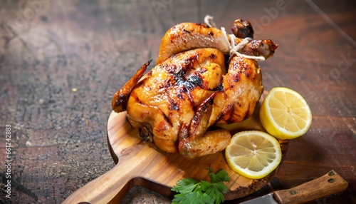 Grilled chicken with spice rub and lemon on a cutting board photo
