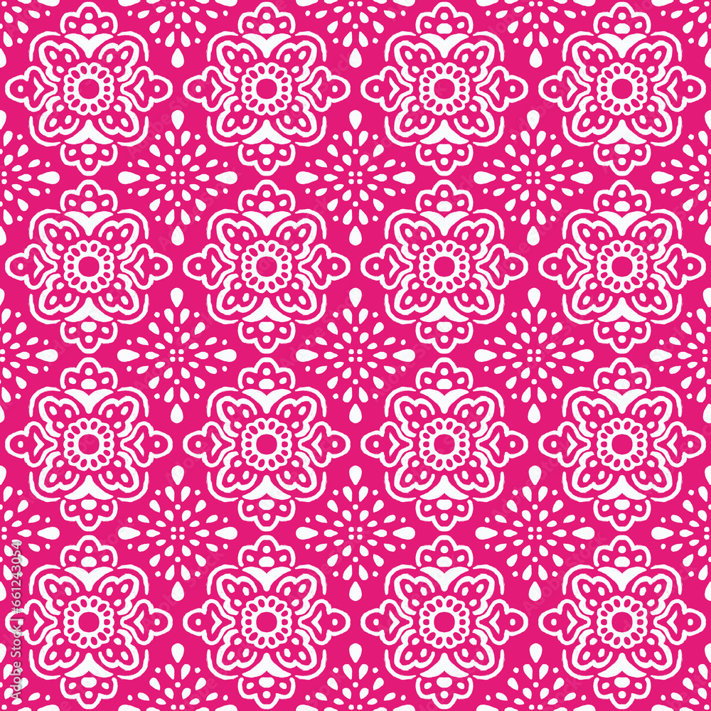 Ornamental floral seamless pattern. Geometrical boho allover print. Abstract flowers hand drawn on hot pink background. Diamond shaped lace backdrop