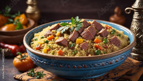 Couscous dish with meat slices