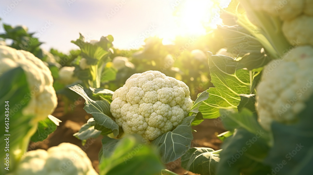 Fresh cauliflower in the field and plantation under the sun light. Created using generative AI. - obrazy, fototapety, plakaty 
