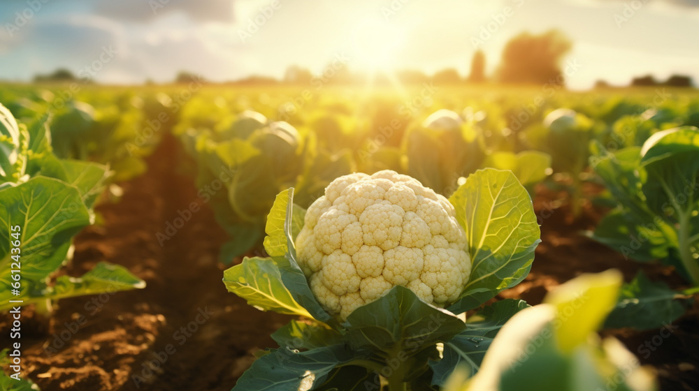 Ripe cauliflower in the plantation with the sun rays in harvesting time. Created using generative AI. - obrazy, fototapety, plakaty 