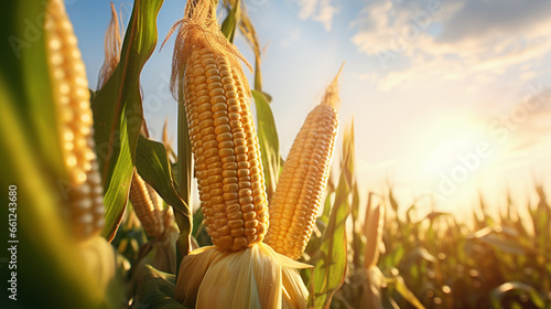 Full bloom corn cobs organic farm in the morning with sun rise. Created using generative AI.