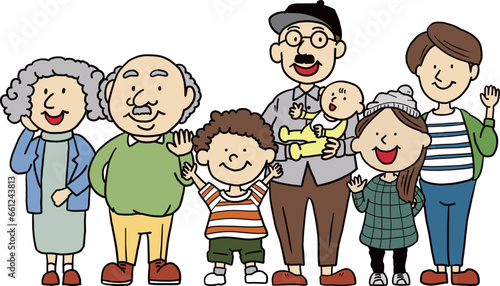 シンプルでかわいい親子孫3世代の家族のイラスト