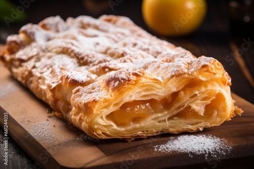 Tempting Delight of Apfelstrudel: A Warm, Mouthwatering Austrian Dessert with Flaky Pastry, Overflowing Apple Filling, and a Dusting of Powdered Sugar