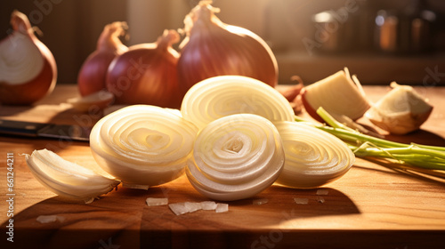 Sliced onion on the chopping block with sunny rays. Created using generative AI.