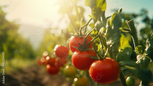 Fresh tomato in the field and plantation under the sun light. Created using generative AI. photo