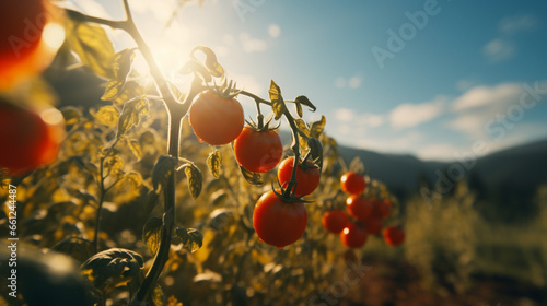 Ripe tomato in the plantation with the sun rays in harvesting time. Created using generative AI.
