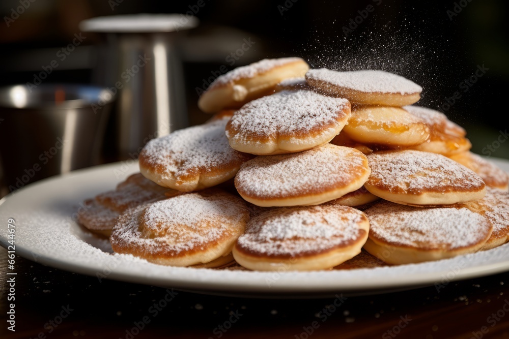 Golden Poffertjes: A Tempting Dutch Delicacy, Freshly Dusted with Powdered Sugar, Captured in an Irresistible Mouthwatering Photo
