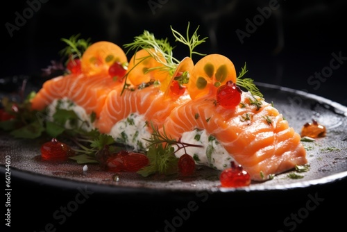 Exquisite Salmon Gravlax: A Captivating Close-Up of the Fresh, Nordic Delicacy, Marinated with Dill and Mustard, Sliced and Presented in a Mouthwatering Culinary Masterpiece