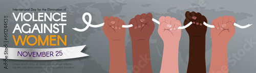 Long horizontal Banner for International Day for the Elimination of Violence Against Women. Diverse hands hold a white ribbon. modern flat vector illustration