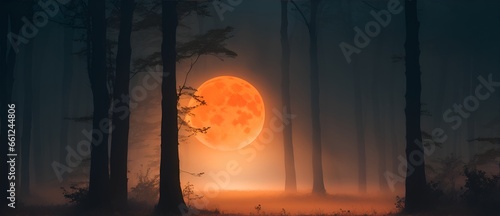 Orange fog on a forest at night with moonlight. from Generative AI